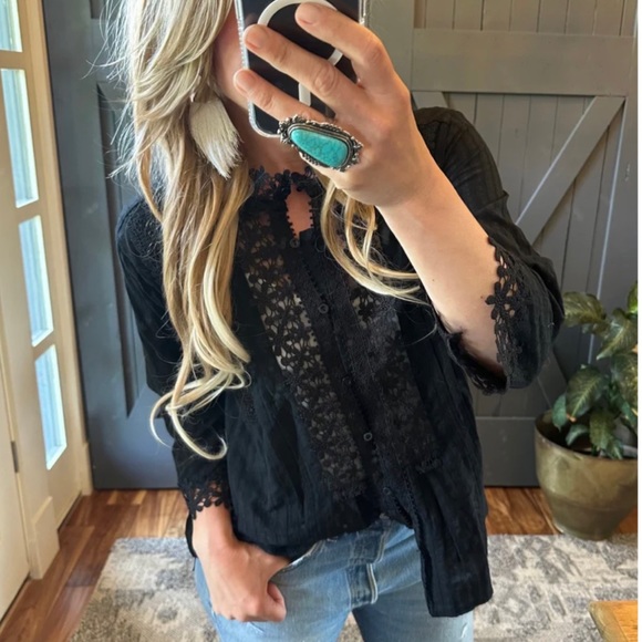 New Bohemian Black Lace Button Front Blouse /  Top Summer Dress Vintage Shirt - Picture 2 of 10